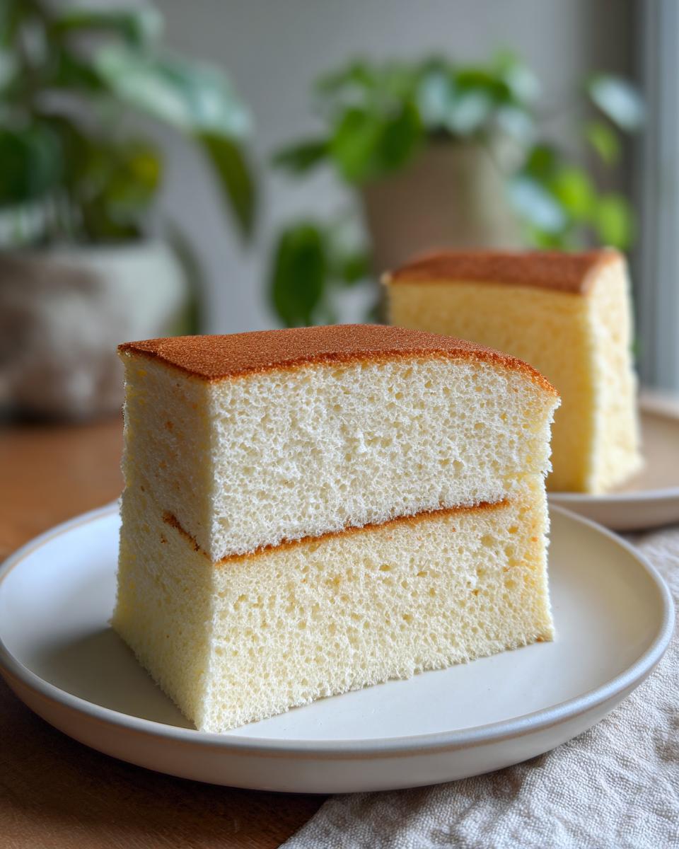 Zwei dicke Scheiben eines sehr hohen Biskuitbodens zum zweifachen Teilen, auf einem weißen Teller angerichtet.