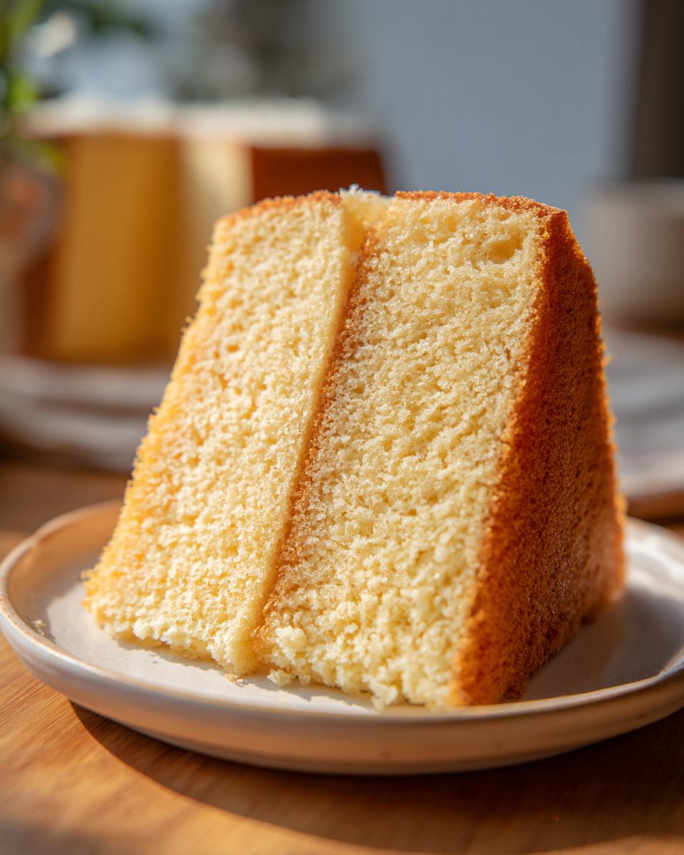 Nahaufnahme eines hohen, luftigen Stücks Biskuitboden, das zeigt, wie er zweifach geteilt werden kann.