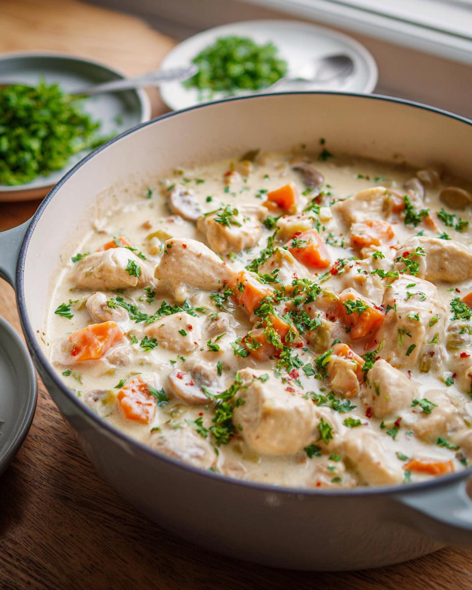 Nahaufnahme von klassischem Hühnerfrikassee Rezept von Mama mit Hähnchenstücken, Karotten und Pilzen in cremiger Sauce.