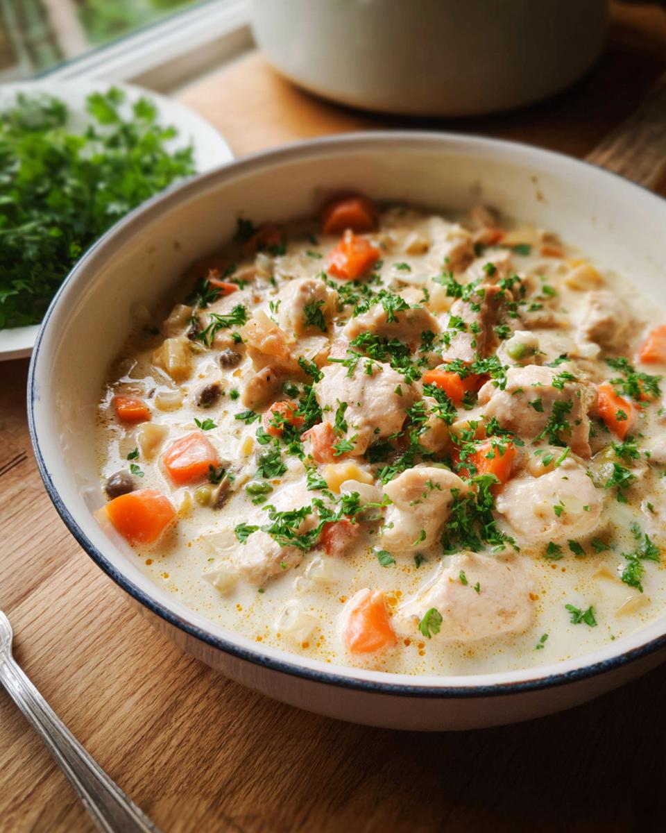 Nahaufnahme von klassischem Hühnerfrikassee Rezept von Mama mit Hähnchenstücken, Karotten und Petersilie in cremiger Sauce.