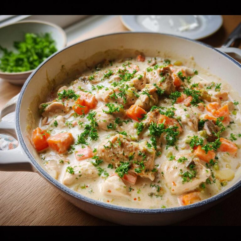 Cremiges Hühnerfrikassee Rezept klassisch von Mama mit Hühnchenstücken, Karotten und Petersilie in einer weißen Pfanne.