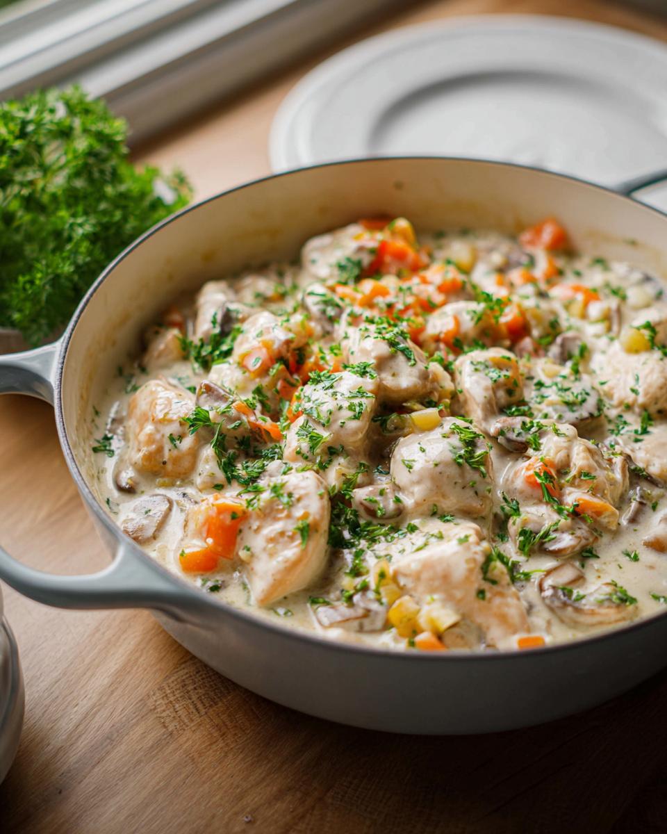 Cremiges Hühnerfrikassee Rezept klassisch von Mama mit Hähnchenstücken, Pilzen und Karotten, garniert mit Petersilie.