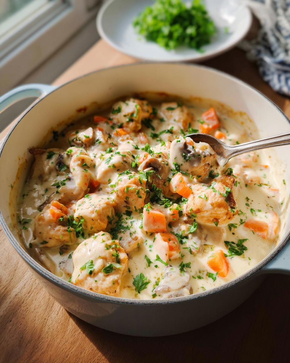 Ein Topf mit klassischem Hühnerfrikassee Rezept von Mama, gefüllt mit Hähnchenstücken, Karotten und Pilzen in weißer Sauce, bestreut mit Petersilie.