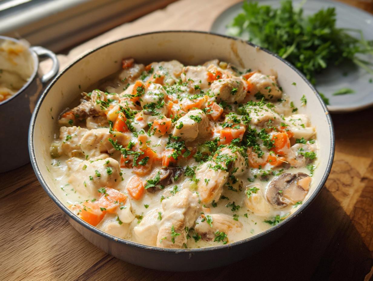 Cremiges Hühnerfrikassee Rezept klassisch von Mama, garniert mit frischer Petersilie in einem gusseisernen Topf.