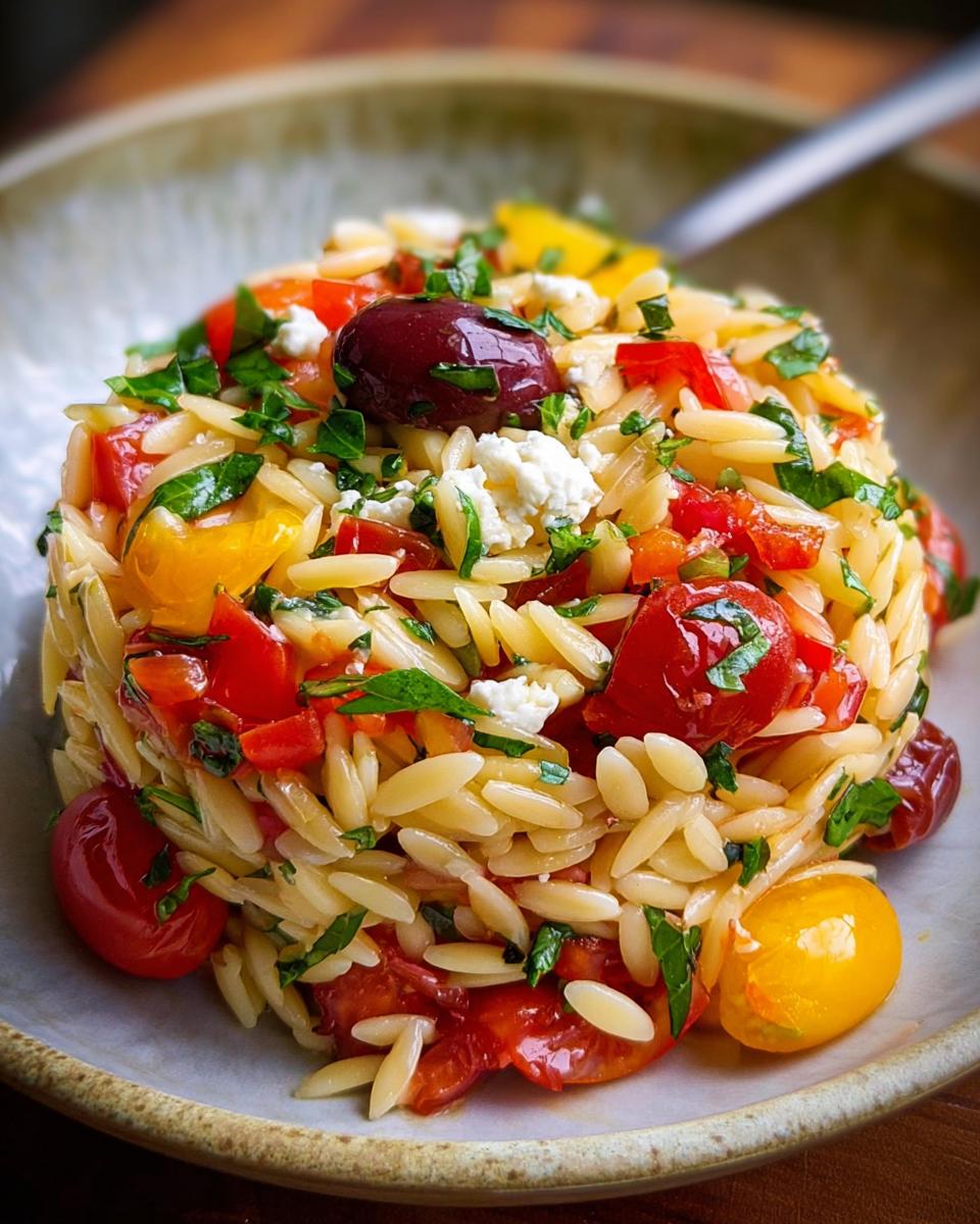 Nahaufnahme von Italienischer Orzo-Nudelsalat mit Orzo-Nudeln, Kirschtomaten, Feta und Oliven.