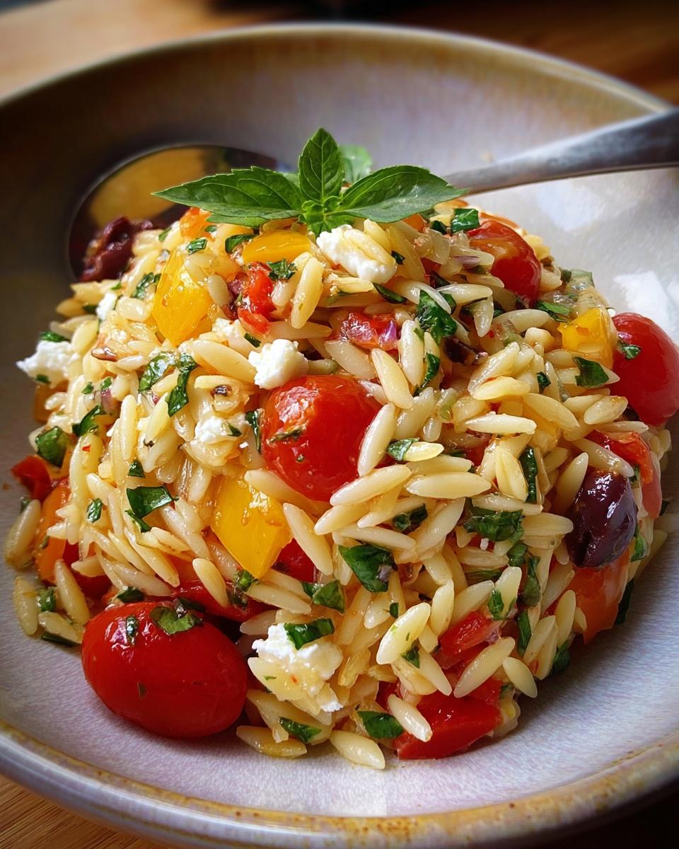 Nahaufnahme des Italienischer Orzo-Nudelsalat mit Kirschtomaten, gelben Paprikastücken, Feta und Basilikum.