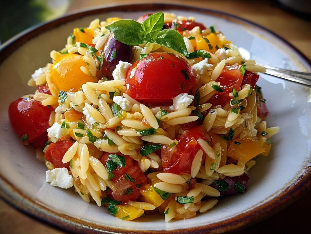 Nahaufnahme von Italienischer Orzo-Nudelsalat mit Kirschtomaten, Feta und Basilikum in einer Schale.