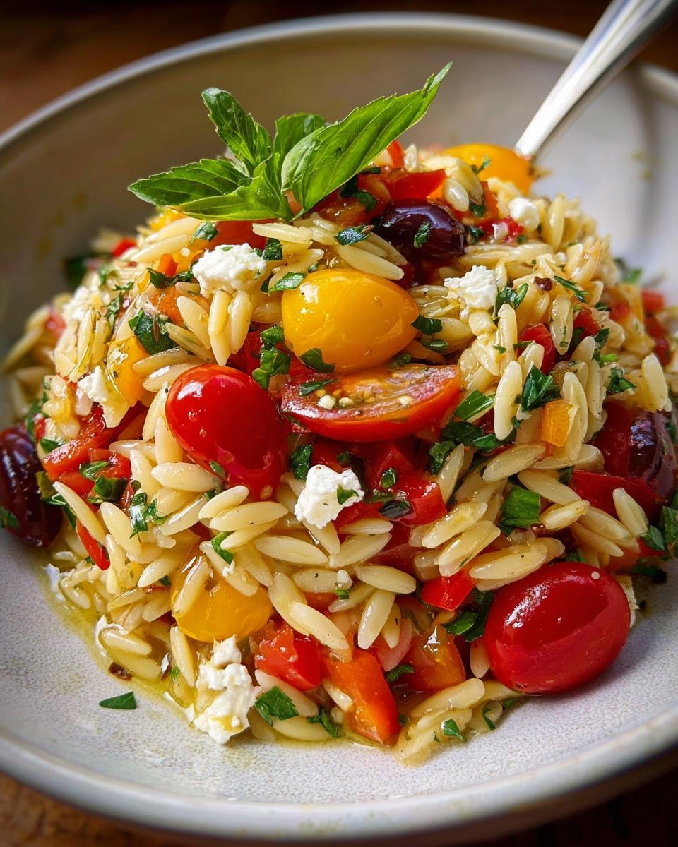 Nahaufnahme von Italienischer Orzo-Nudelsalat mit Kirschtomaten, Feta und frischer Minze in einer Schüssel.