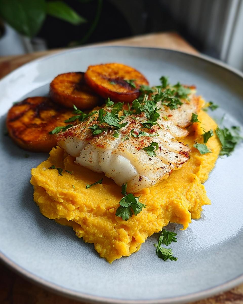 Gebratenes Kabeljaufilet auf leuchtend orangefarbenem Möhren-Hummus, garniert mit Petersilie und Karottenscheiben.
