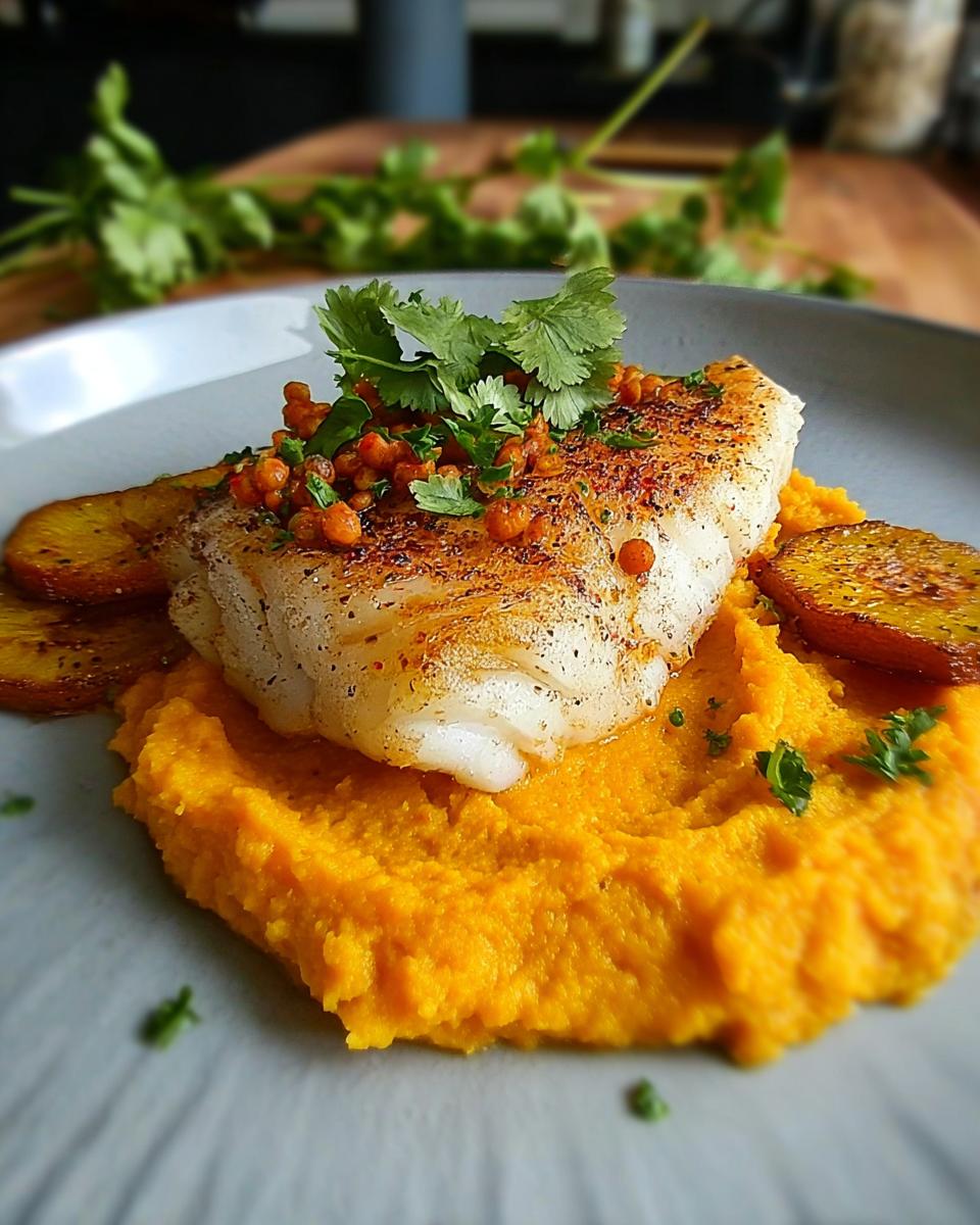 Gebratenes Stück Kabeljau auf einem Bett aus leuchtend orangefarbenem Möhren-Hummus, garniert mit Koriander.