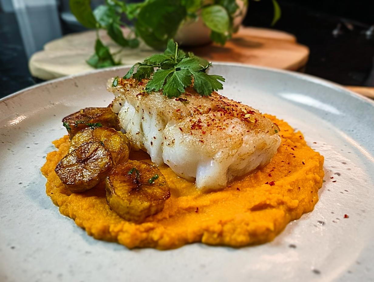 Gebratenes Stück Kabeljau auf leuchtend orangefarbenem Möhren-Hummus mit gebratenen Karottenstücken und Petersilie.