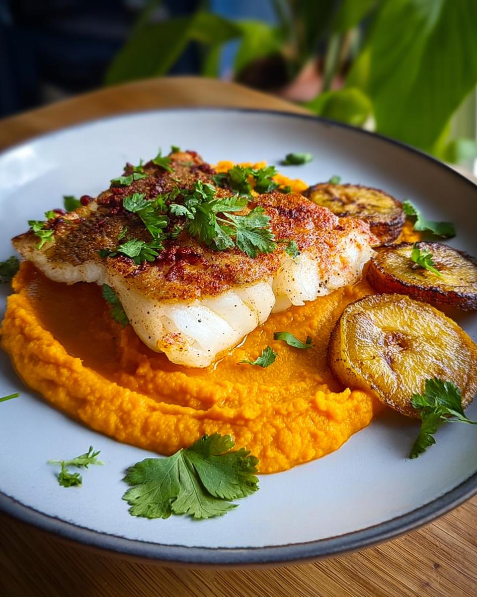 Gebratenes Kabeljaufilet auf leuchtend orangefarbenem Möhren-Hummus, garniert mit Petersilie.