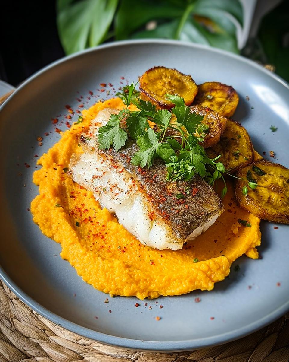 Gebratenes Kabeljaufilet auf leuchtend orangefarbenem Möhren-Hummus, garniert mit Petersilie und gerösteten Scheiben.