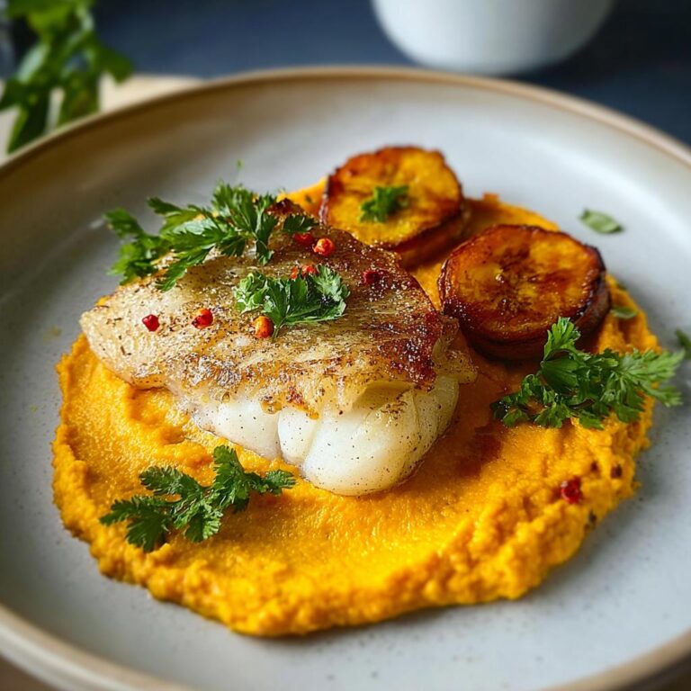 Gebratenes Stück Kabeljau auf leuchtendem Möhren-Hummus, garniert mit Petersilie.