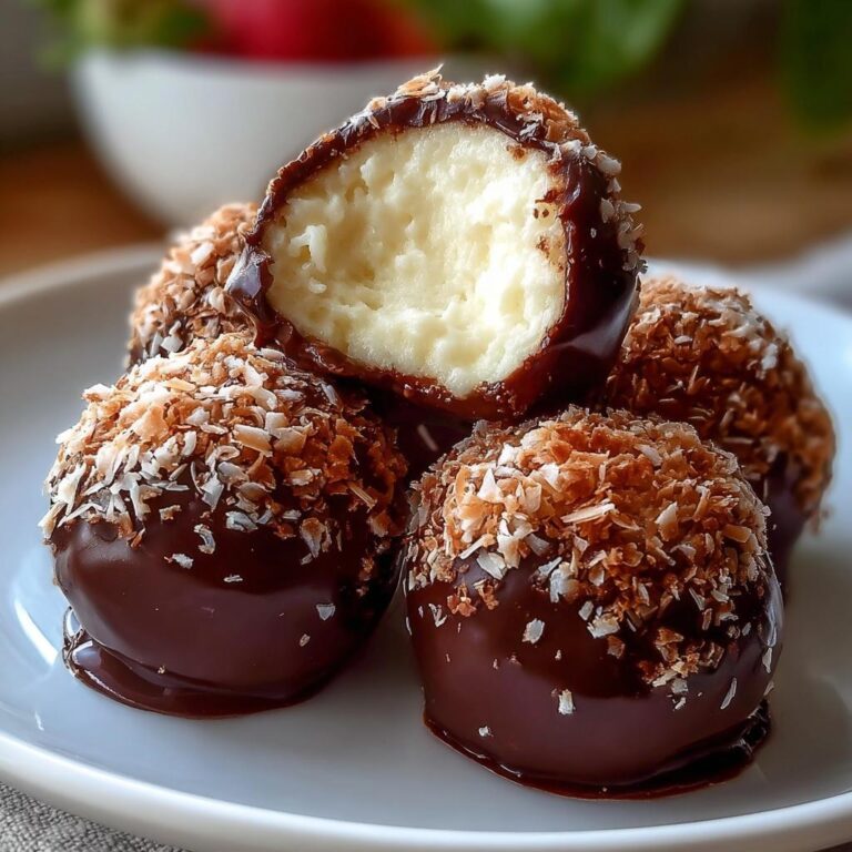 Nahaufnahme von mehreren Käsekuchen Kugeln, überzogen mit dunkler Schokolade und gerösteten Kokosraspeln.