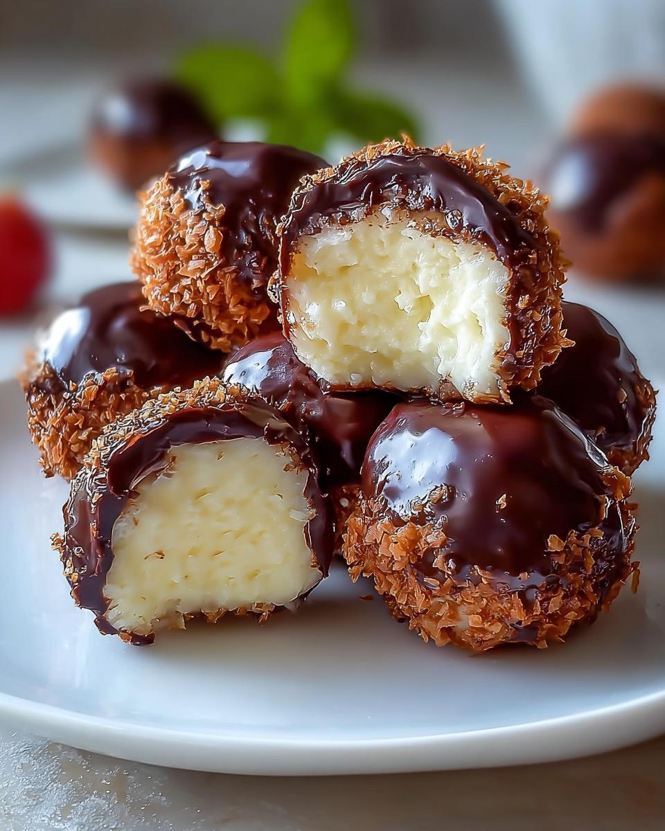 Nahaufnahme von mehreren Käsekuchen Kugeln, überzogen mit dunkler Schokolade und gerösteten Kokosraspeln, eine ist aufgeschnitten.