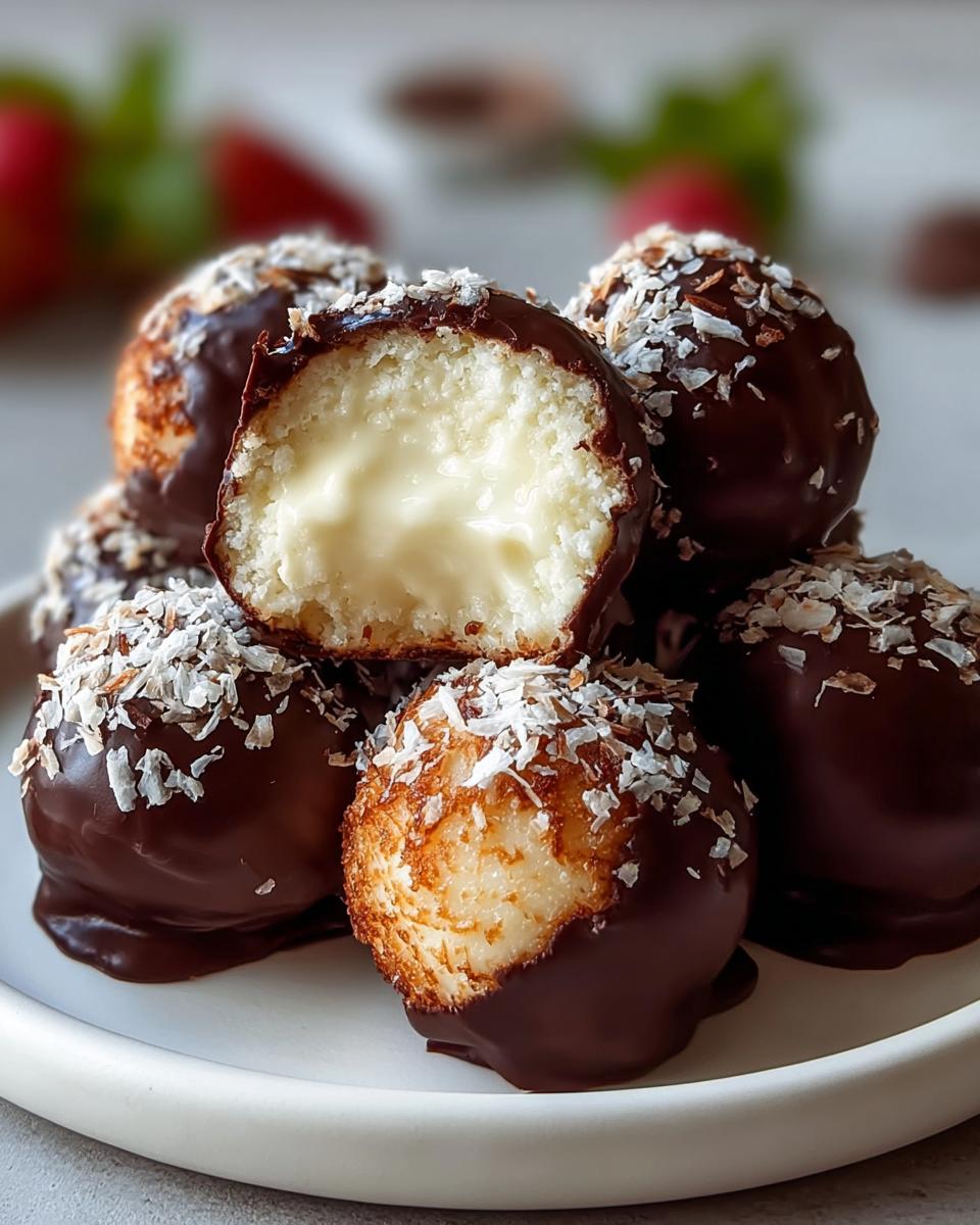 Nahaufnahme von gestapelten Käsekuchen Kugeln, überzogen mit dunkler Schokolade und Kokosraspeln, eine ist aufgeschnitten.