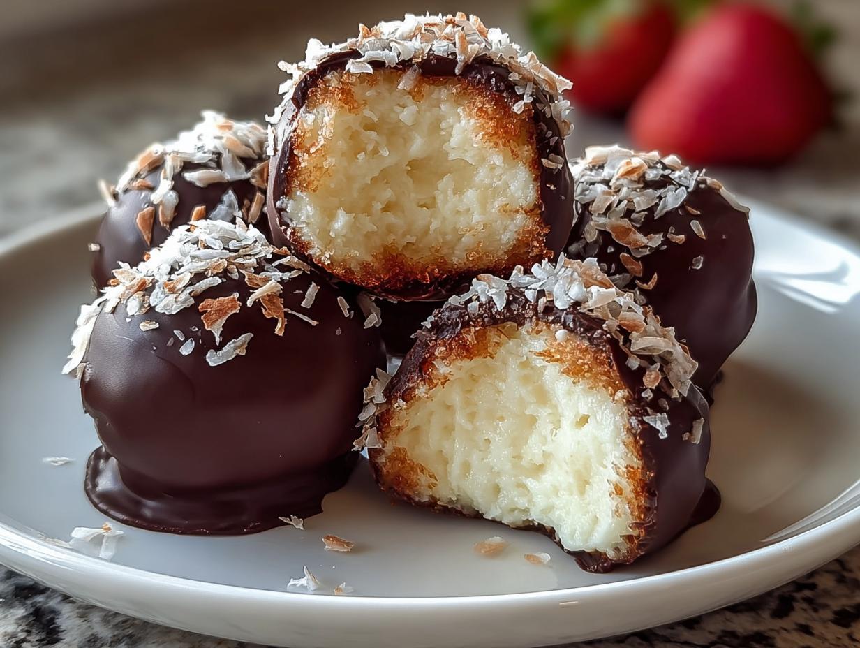 Nahaufnahme von mehreren schokoladenüberzogenen Käsekuchen Kugeln, bestreut mit Kokosflocken, eine ist aufgeschnitten.