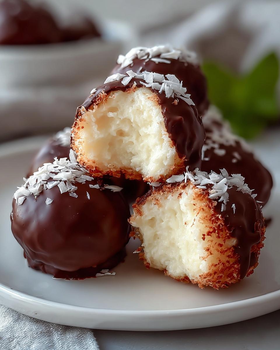 Aufgeschnittene, schokoladenüberzogene Käsekuchen Kugeln, bestreut mit Kokosraspeln, zeigen die cremige Füllung.