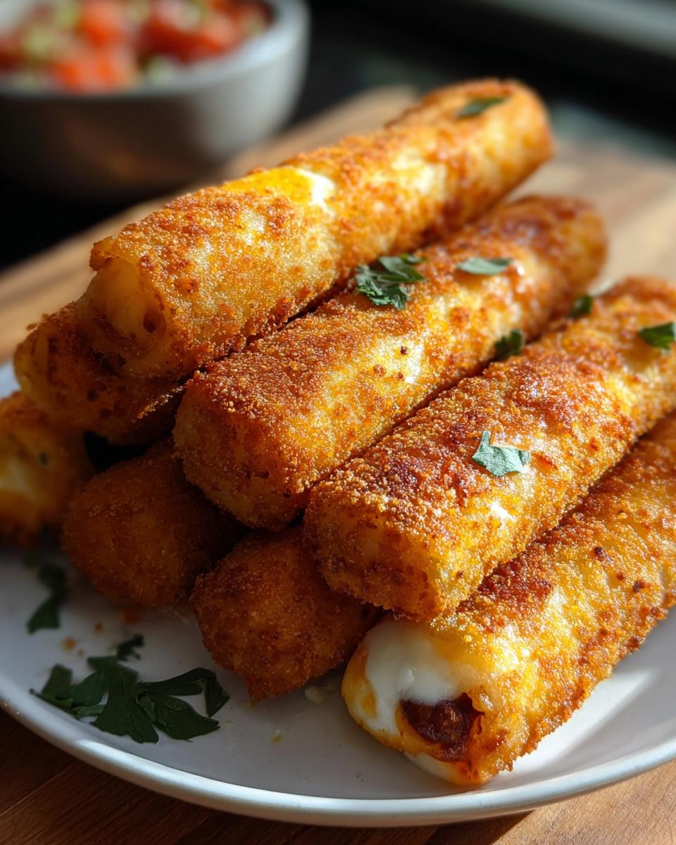 Stapel von knusprigen, goldbraun frittierten Käsige Taco-Sticks, garniert mit Petersilie, auf einem weißen Teller.