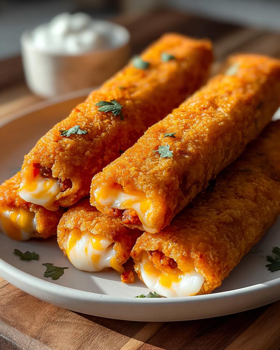 Nahaufnahme von knusprigen, frittierten Käsige Taco-Sticks, bei denen der geschmolzene Käse herausquillt.
