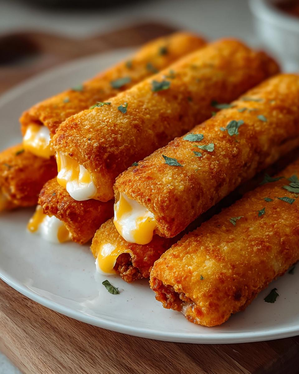 Nahaufnahme von knusprigen Käsige Taco-Sticks, aus denen geschmolzener Käse quillt.