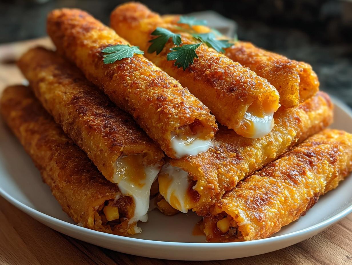 Stapel von knusprigen, goldbraunen Käsige Taco-Sticks, aus denen geschmolzener Käse tropft.