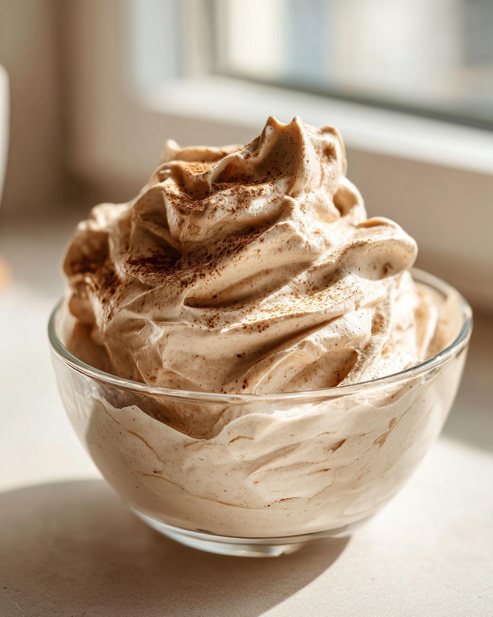 Cremige, aufgeschlagene Kaffeecreme in einer kleinen Glasschale, bestäubt mit Kakaopulver.