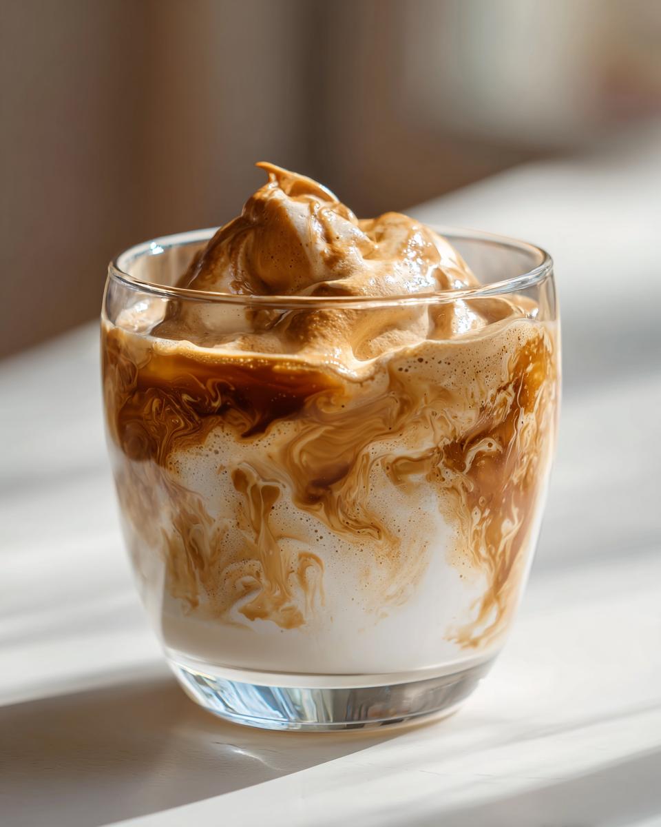 Nahaufnahme eines fertigen Kaffeecreme Rezepts mit geschlagener Kaffeeschaumkrone auf Milch in einem Glas.
