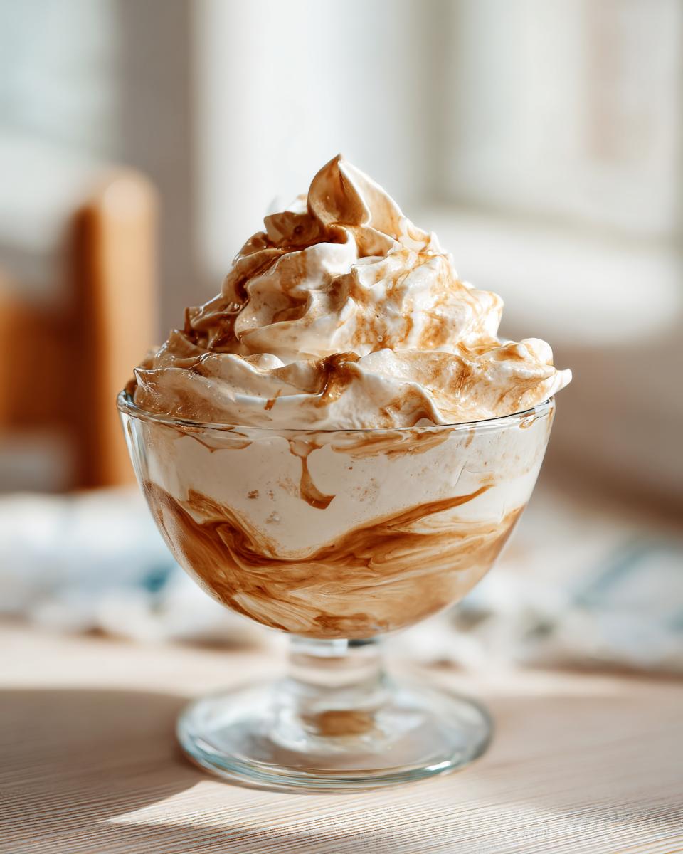 Ein Glas mit cremigem Kaffeecreme Rezept, gekrönt von einer hohen Sahnetuffe mit Karamell-Swirls.