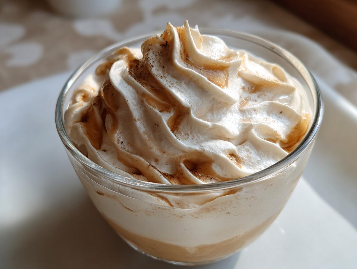 Nahaufnahme einer luxuriösen Kaffeecreme im Glas mit geschlagener Sahne und Zimtstreusel, perfekt für das Kaffeecreme Rezept.