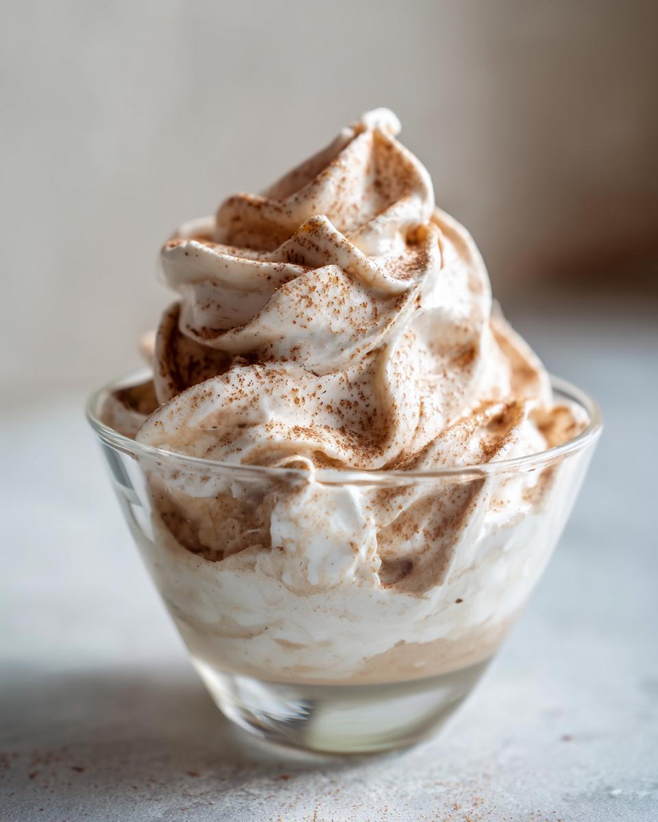 Nahaufnahme von luftiger Kaffeecreme mit Zimt bestäubt in einem kleinen Glas.
