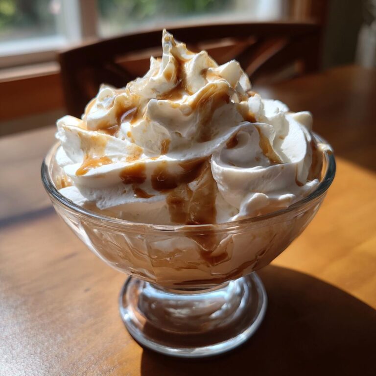 Ein Glas Kaffeecreme Rezept gekrönt mit reichlich Schlagsahne und Karamellsauce.