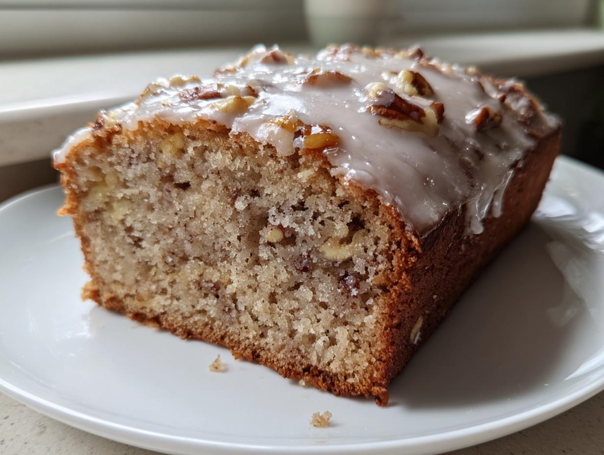 Nahaufnahme eines saftigen Stücks Karamell-Nuss-Kuchen mit weißer Zuckergussglasur und Pekannüssen.