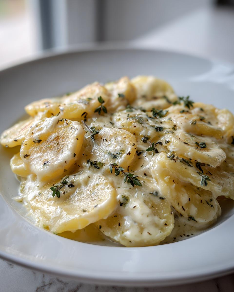 Nahaufnahme von Kartoffeln in cremiger Knoblauchsoße, garniert mit frischem Thymian.
