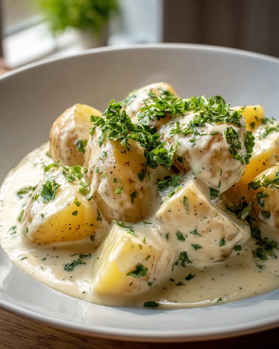 Nahaufnahme von Kartoffeln in cremiger Knoblauchsoße mit 400 ml Kochsahne, garniert mit Petersilie.