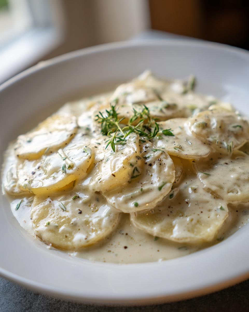 Servierfertige Kartoffeln in cremiger Knoblauchsoße mit Kochsahne, garniert mit frischen Kräutern.