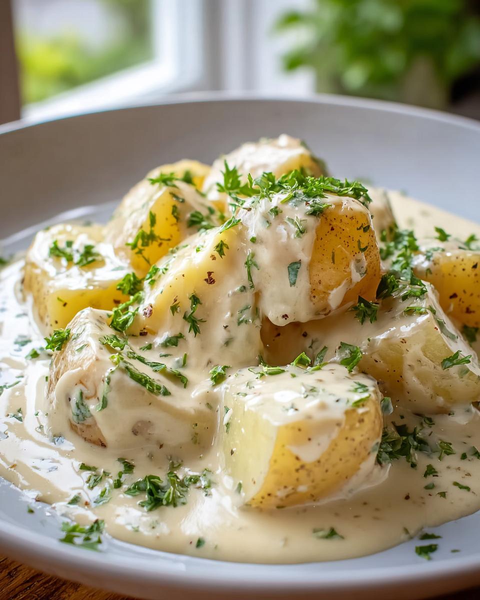 Nahaufnahme von Kartoffeln in cremiger Knoblauchsoße mit 400 ml Kochsahne, garniert mit Petersilie.