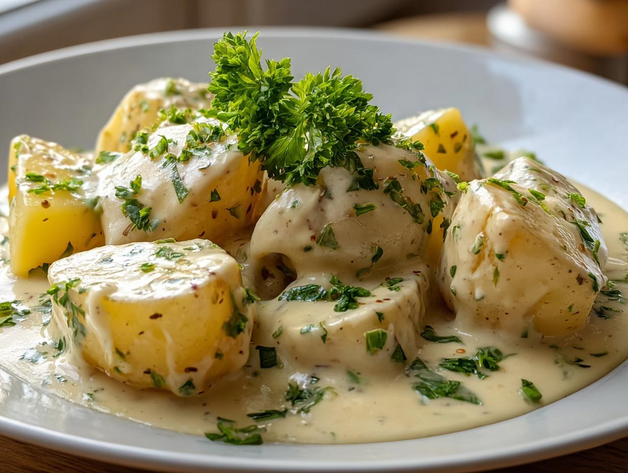 Gekochte Kartoffelstücke in cremiger Knoblauchsoße, garniert mit Petersilie, als Kartoffeln in cremiger Knoblauchsoße mit 400 ml Kochsahne.