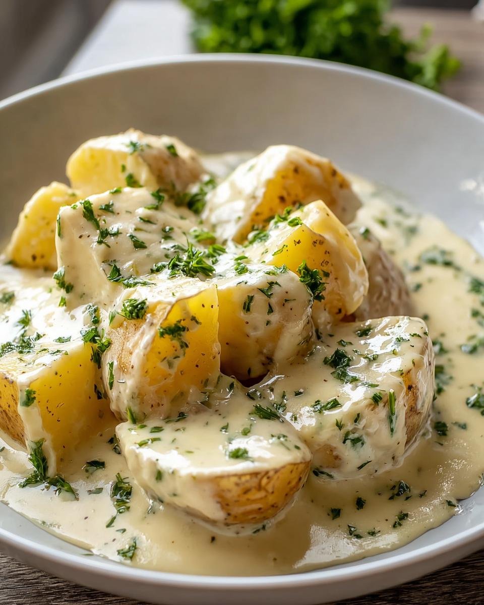 Gekochte Kartoffelstücke in cremiger Knoblauchsoße mit Petersilie, das Gericht Kartoffeln in cremiger Knoblauchsoße mit 400 ml Kochsahne.