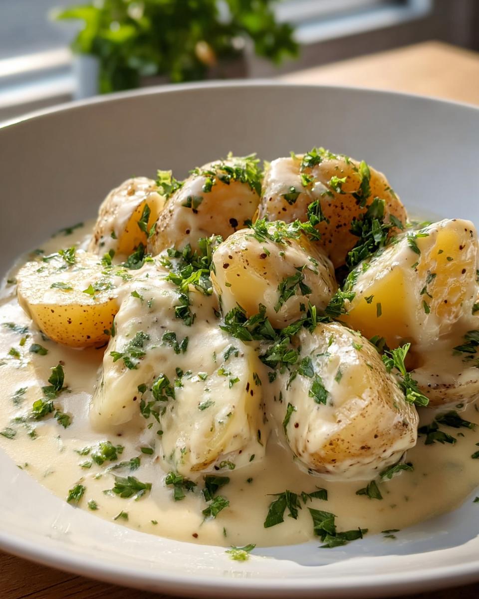 Gekochte Kartoffeln in cremiger Knoblauchsoße mit 400 ml Kochsahne, garniert mit frischer Petersilie.