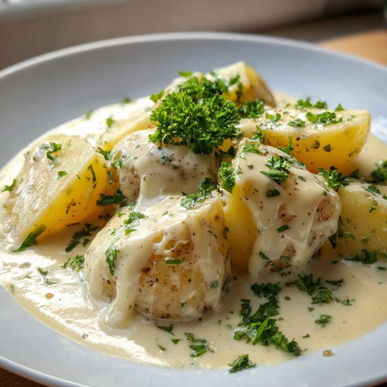 Gekochte Kartoffeln übergossen mit cremiger Knoblauchsoße und Petersilie: Kartoffeln in cremiger Knoblauchsoße mit 400 ml Kochsahne.