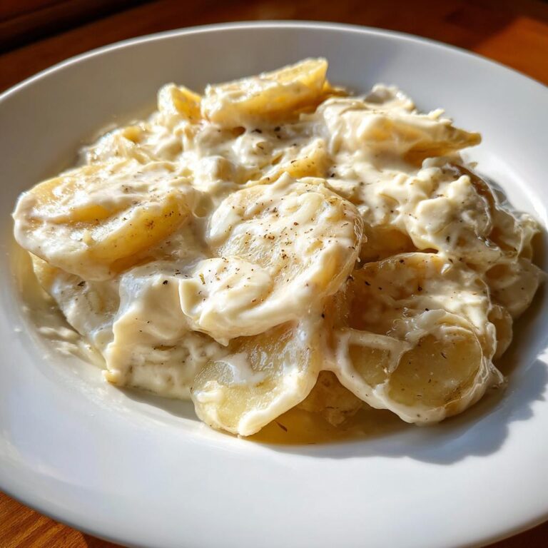 Nahaufnahme von Kartoffeln in cremiger Knoblauchsoße mit Pfeffer bestreut, serviert auf einem weißen Teller.