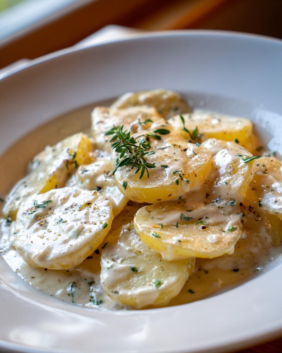 Teller mit Kartoffeln in cremiger Knoblauchsoße, garniert mit frischem Thymian und Kräutern.