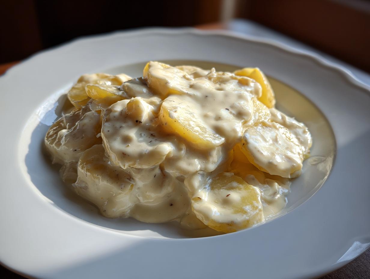 Teller mit Kartoffeln in cremiger Knoblauchsoße, reichlich bedeckt mit der hellen Sahnesoße.
