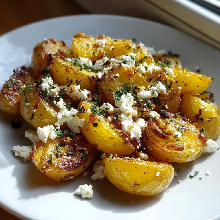 Nahaufnahme von goldbraun gerösteten Kartoffeln mit zerbröseltem Feta und Kräutern – Kartoffeln mit Feta & Knoblauch.