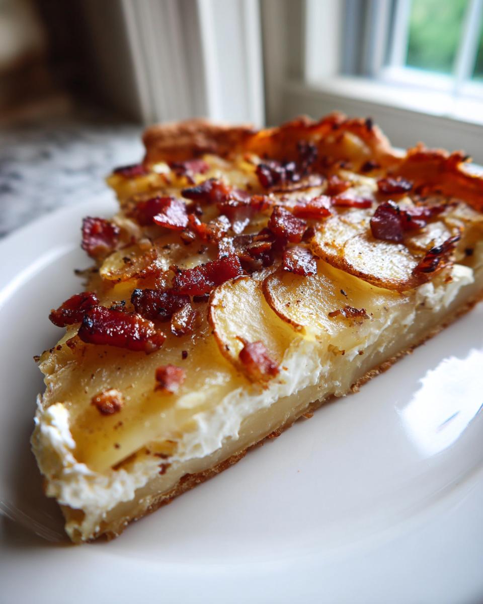 Nahaufnahme eines Stücks Kartoffelpizza mit dünnen Kartoffelscheiben, knusprigem Speck und cremiger Füllung auf einem weißen Teller.