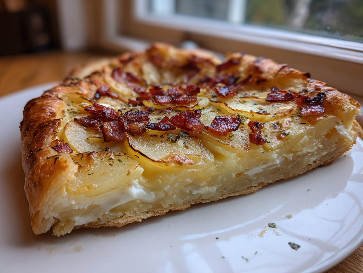 Nahaufnahme eines Stücks Kartoffelpizza mit knusprigem Rand, belegt mit dünnen Kartoffelscheiben und Speckwürfeln.