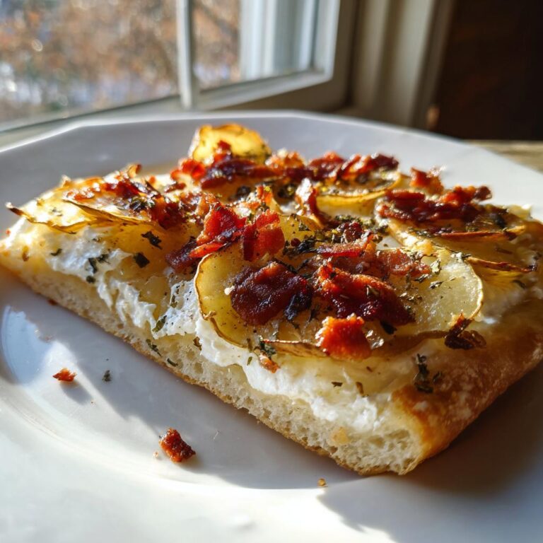 Nahaufnahme eines Stücks Kartoffelpizza mit cremiger Basis, dünnen Kartoffelscheiben und knusprigem Speck.