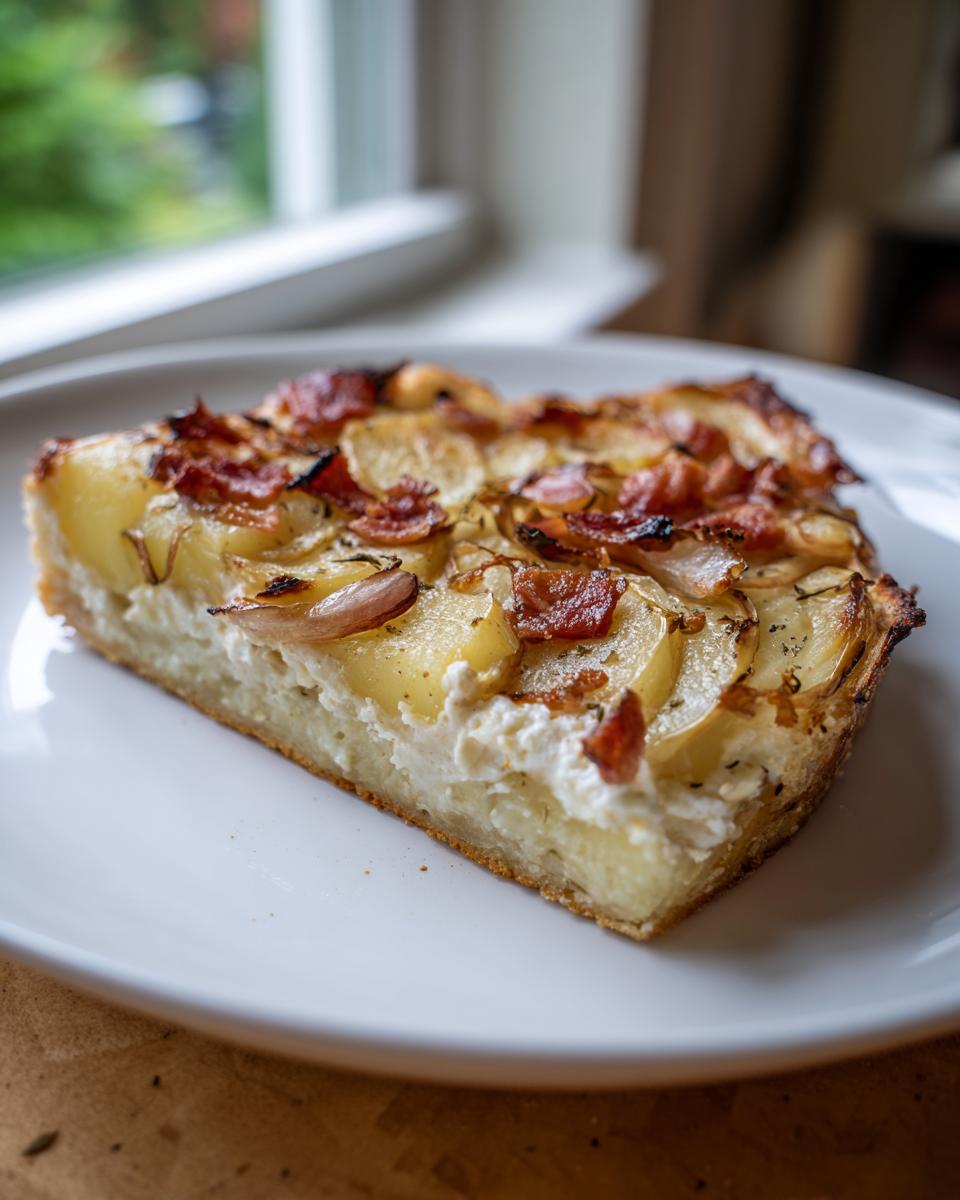 Ein Stück herzhafte Kartoffelpizza mit dünnen Kartoffelscheiben, Speck und Zwiebeln auf einem weißen Teller.